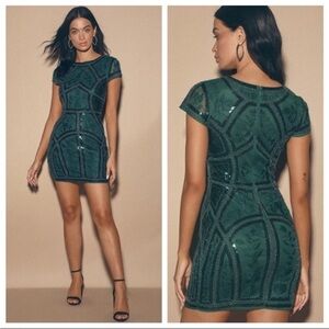 Lulus Spread Your Shine Emerald Green Sequin Embroidered Bodycon Dress Sz XS